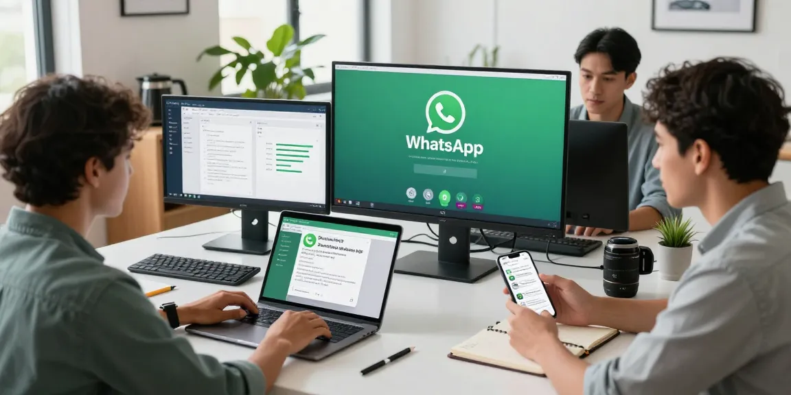 Discussing WhatsApp下載 features during a professional video call in a modern workspace.