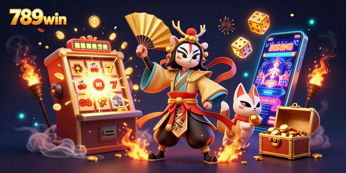 Engage with 789win at a vibrant casino scene featuring a kabuki character, slot machines, and dynamic game elements.