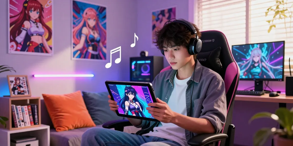 An engaging scene showcasing a user interacting with an ecchi AI character on a sleek tablet, amidst colorful anime decor, representing modern digital romance.