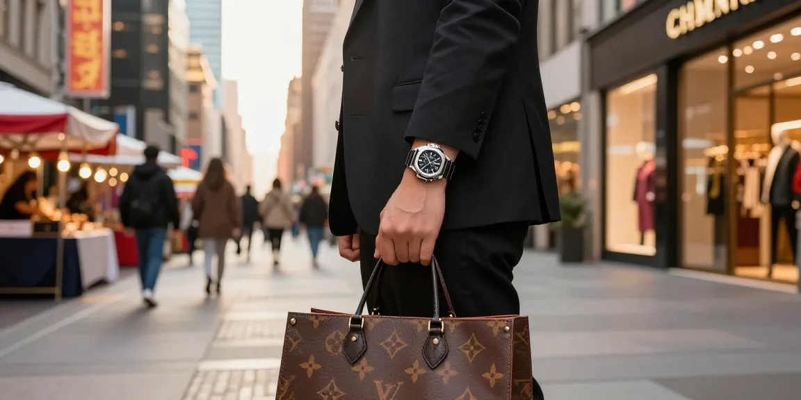Stylish individual showcasing clone watches in an urban luxury setting with boutique background.