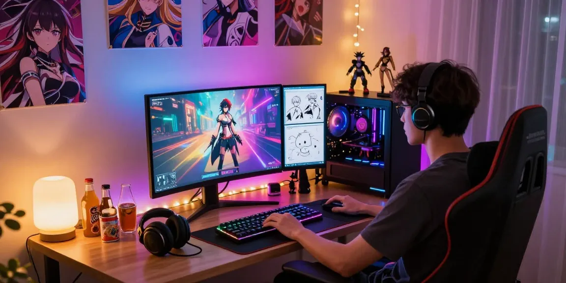 Player enjoying an immersive hentai game in a cozy gaming setup with vibrant lighting.