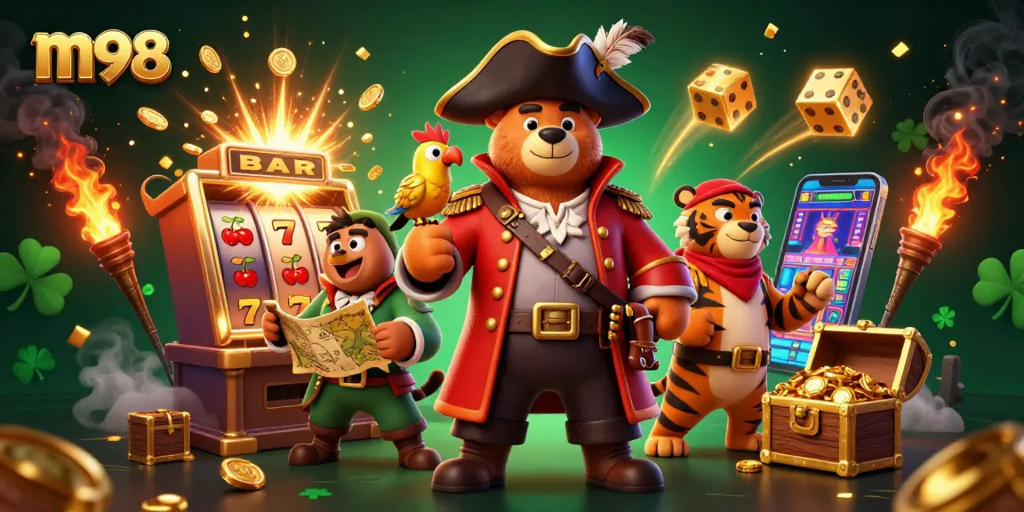 M98 slot machine bursts with gold as pirate bear captain leads an adventure in this vibrant casino scene.