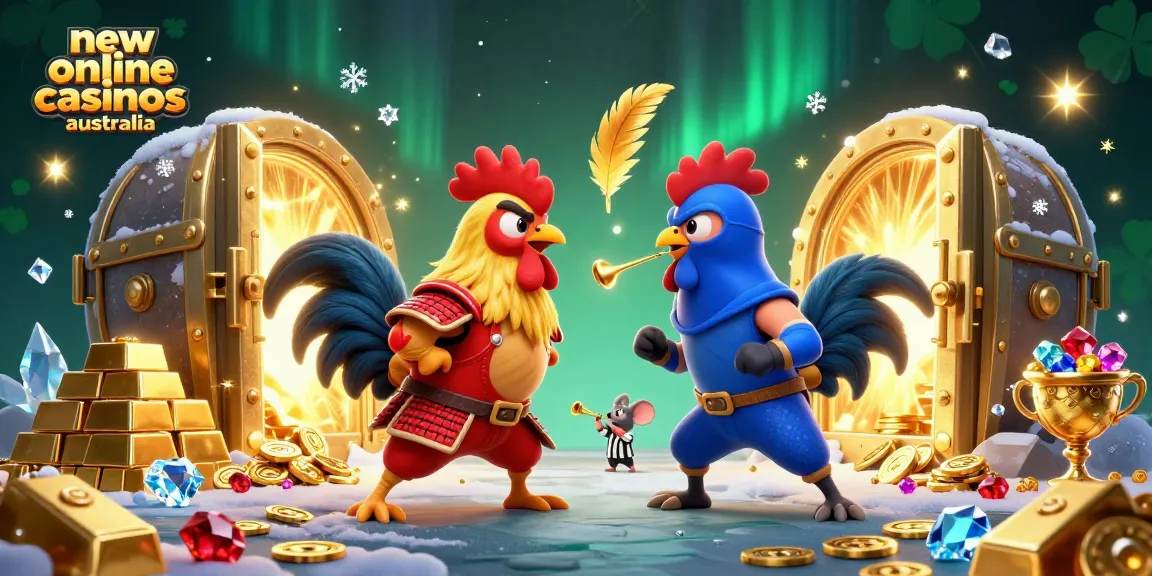 Battle of twin fighting roosters at new online casinos Australia, showcasing cool bonuses!