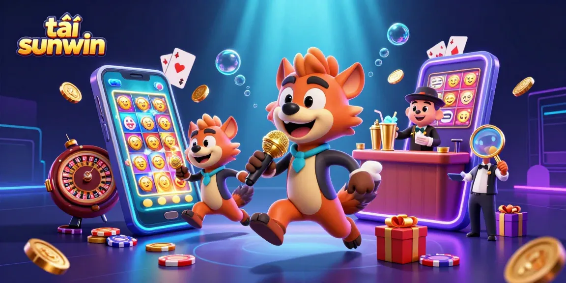 Engage with the tải sunwin experience in a vibrant casino scene featuring hyenas, slot games, and more.